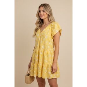 Banana Republic Yellow XL Floral Tiered Flutter Sleeve Midi Dress Yellow Core